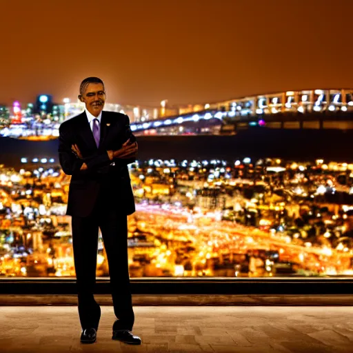 Prompt: a still of Barak Obama. Shallow depth of field. City at night in background, lights, colors ,studio lighting, mood, 4K. Profession photography