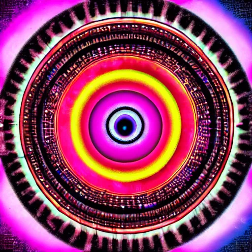 Image similar to cyberpunk neon colored blackhole mandala eye art