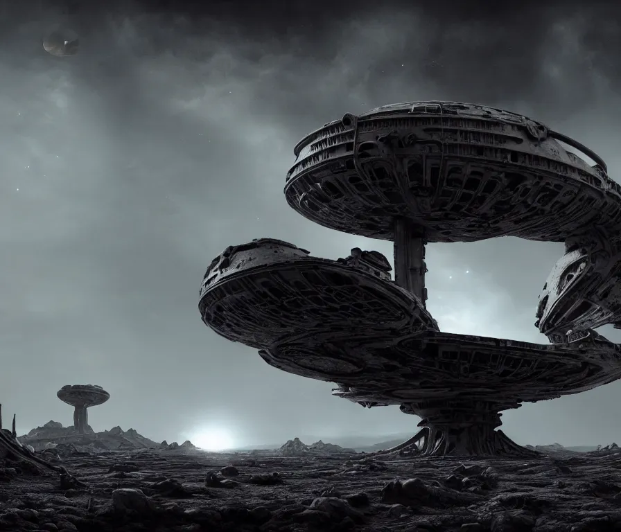 Image similar to landscape abandoned alien structure on exoplanet, black mos eisley designed by giger, wrecked skeletal technology, dark clouds, surreal abandoned buildings, dream-like heavy atmosphere, baroque painting, beautiful detailed intricate insanely detailed octane render trending on Artstation, 8K artistic photography, photorealistic, dramatic volumetric cinematic light, chiaroscuro, award-winning photograph, masterpiece, Raphael, Caravaggio, Beksinski, Giger