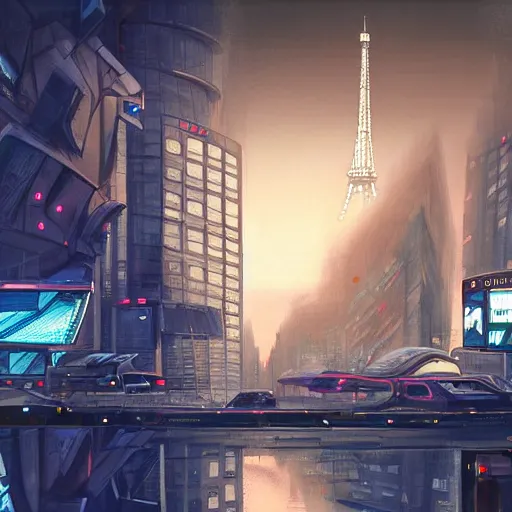 Image similar to a view on a futuristic cyberpunk paris, digital painting