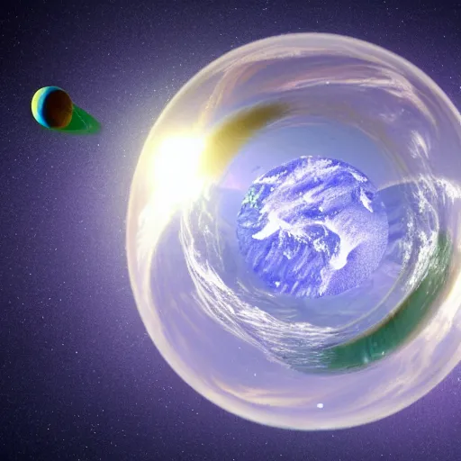Prompt: planet earth inside a bubble floating on a wave