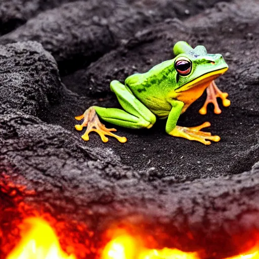 Image similar to frog screaming at an ocean of lava split in two