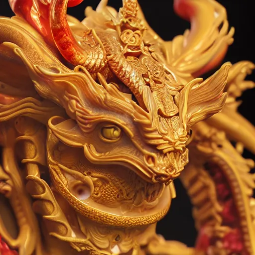 Image similar to a closeup photo, face, rococo alabaster and ruby real delicate ceramic porcelain sculpture of an ornate detailed dragon god in front of an intricate background by rafael, micro detail, backlit lighting, subsurface scattering, translucent, thin porcelain, fire, flames, amber, octane renderer, colorful, physically based rendering, trending on cgsociety