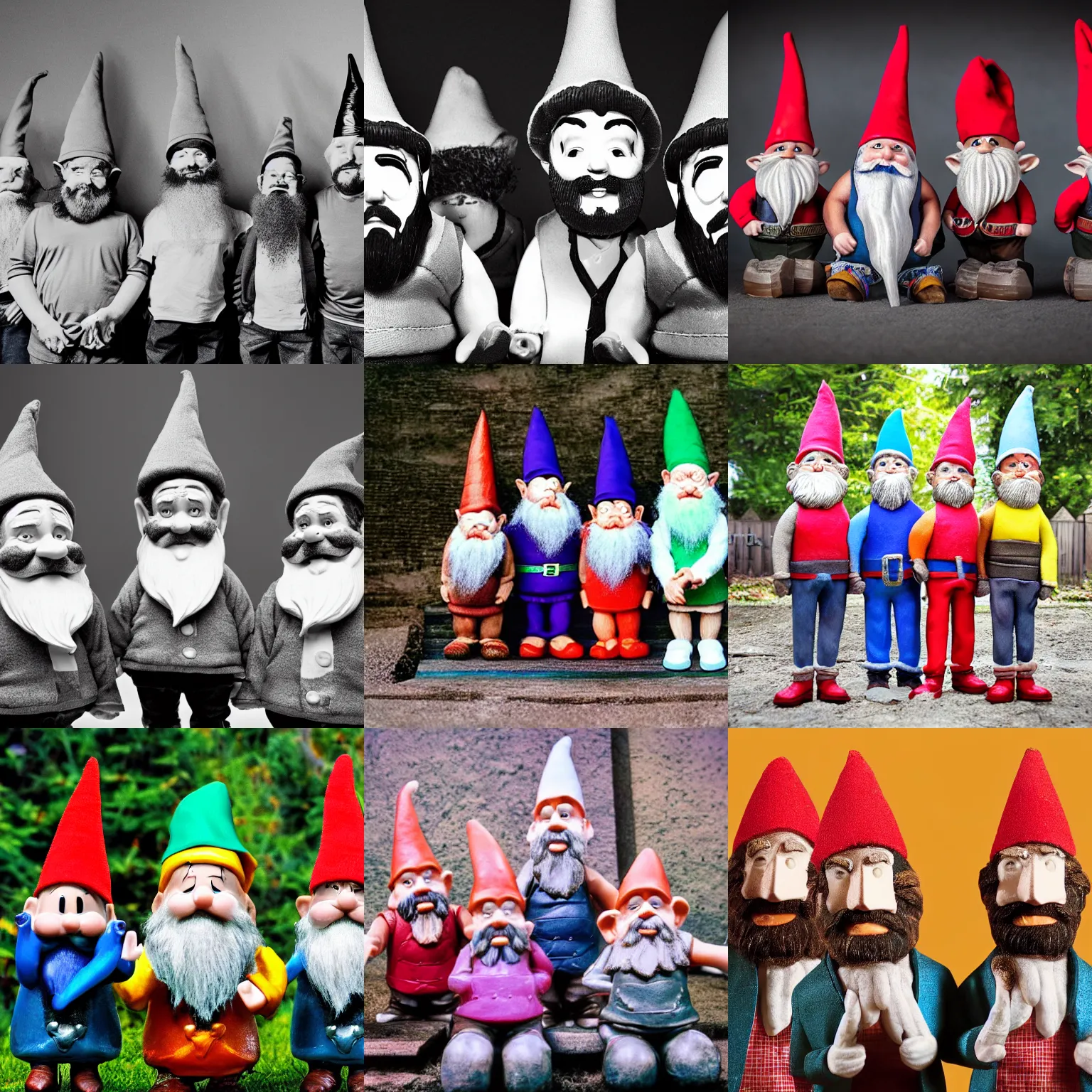 Prompt: promo photo of a group of gnomes that form a power pop band