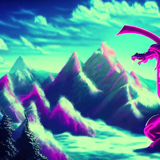 Image similar to aesthetic synthwave dragon on a mountain between the clouds