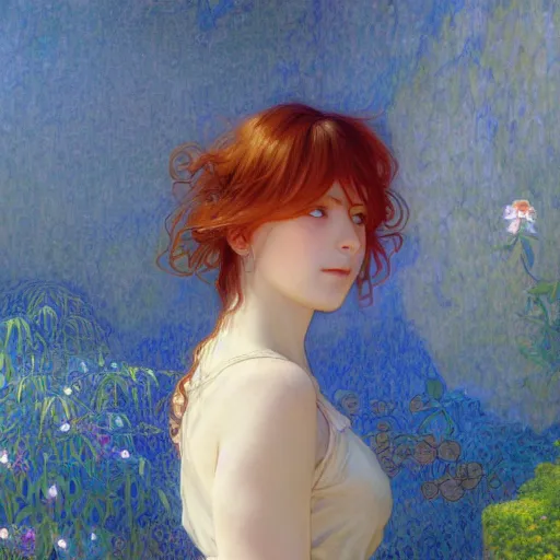 Prompt: A young woman with orange long hair and bangs in shorts and white shirt drawn by Donato Giancola and Makoto Shinkai, Edmund Leighton, Alphonse Mucha, background by James Jean and Gustav Klimt, 4k, porcelain skin, volumetric lighting, french nouveau, trending on artstation, octane render, hyperrealistic