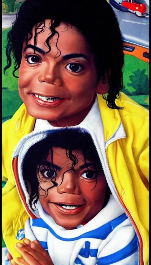 Prompt: michael jackson in a little tikes cozy coupe 1 9 8 9. portrait by jean giraud and anton otto fischer