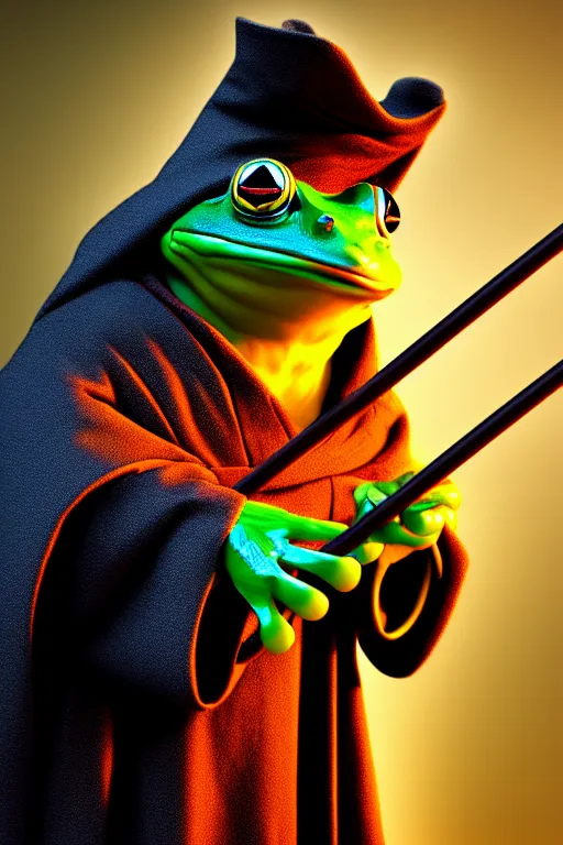 Image similar to frog mage in a cloak with a magic wand, in hogwarts, high details, volume light, best composition, 4 k