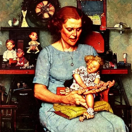 Image similar to woman with the magical ability to give life to the dolls she makes, by norman rockwell