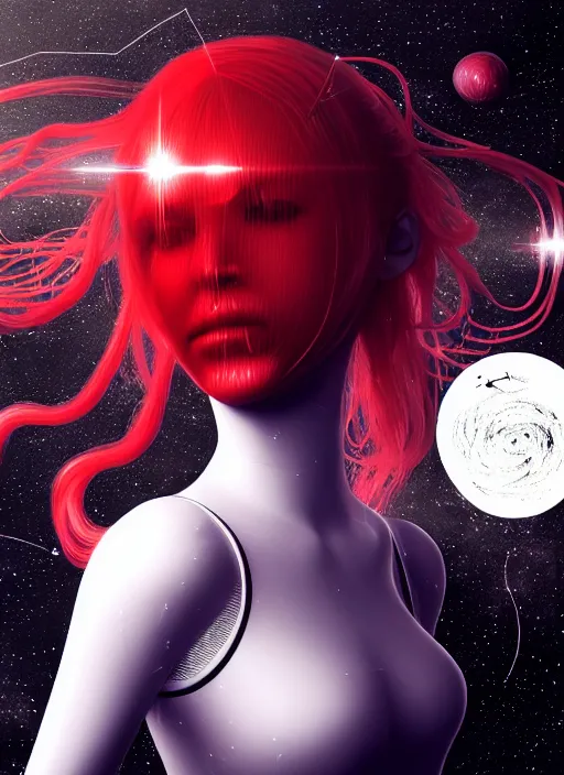 Prompt: highly detailed portrait of a hopeful pretty astronaut lady with a wavy blonde hair, by Hans Bellmer, 4k resolution, nier:automata inspired, bravely default inspired, vibrant but dreary but upflifting red, black and white color scheme!!! ((Space nebula background))