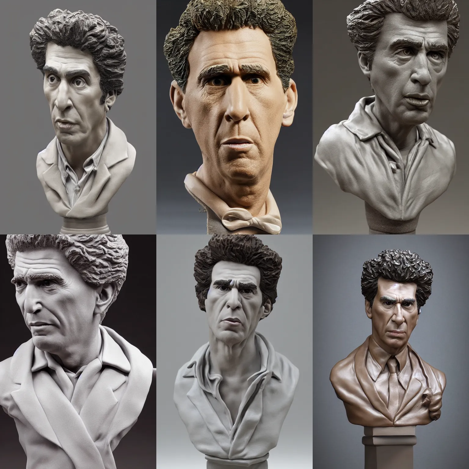 Prompt: very detailed clay bust of Cosmo Kramer, masterpiece, artistic, sculpture, studio photographyhigh quality