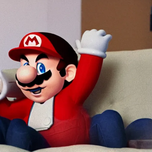 Image similar to Super Mario sitting on the couch eating pizza
