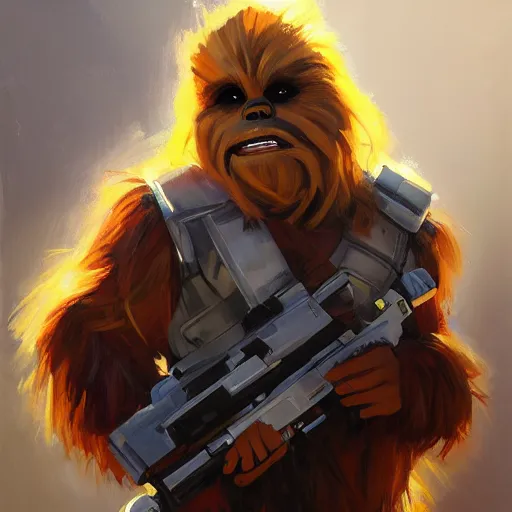 Image similar to greg manchess portrait painting of chewbacca as overwatch character, medium shot, asymmetrical, profile picture, organic painting, sunny day, matte painting, bold shapes, hard edges, street art, trending on artstation, by huang guangjian and gil elvgren and sachin teng