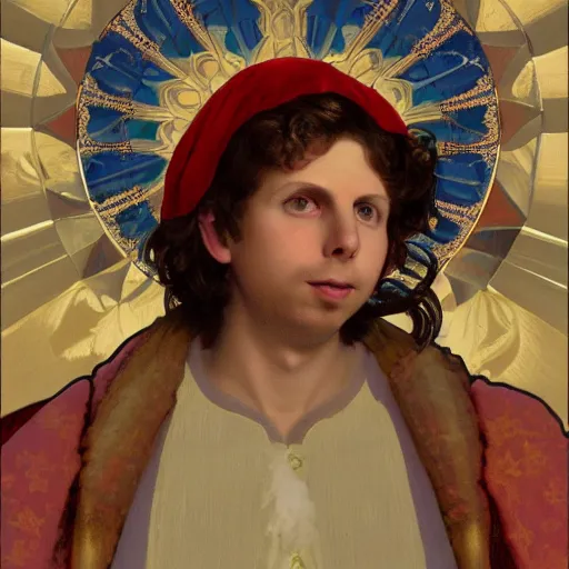 Image similar to a detailed portrait of michael cera as santa ana at the alamo, long twirling moustache, by alphonse mucha and albert bierstadt and thomas moran and charles russel, god rays, intricate detail, cinematic, 8 k, featured on artstation, pixiv