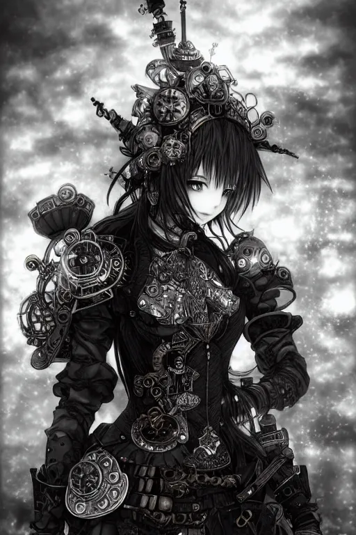 Image similar to a vertical portrait of a character in a scenic environment by Yoshitaka Amano, black and white, dreamy, steampunk armor, black hair, highly detailed