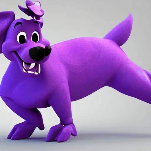 Image similar to an 3d render of a purple dog character, in the style of disney, pixar, mixed media collage, highly detailed, 8k resolution