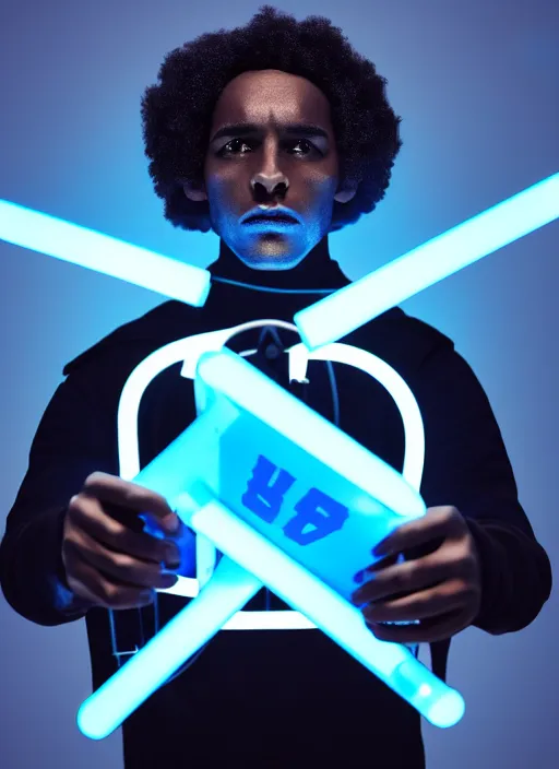 Image similar to a black man with short curly haircut, portrait, wearing black letter jacket, holding a futuristic looking big cinema camera, light blue led's, sharp focus, octane render, hyperrealistic, cinematic lighting, highly detailed, 8 k,