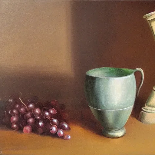 Prompt: classic still life painting of a wine glass and pot