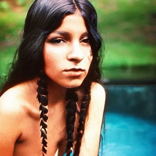 Image similar to clear photo of a beautiful and young female singer of native american descent taken in 1 9 7 6, high quality, highly detailed 7 0 s style photography, long dark hair, elegant pool, trending on pinterest, aesthetically beautiful, elegant, studio photography