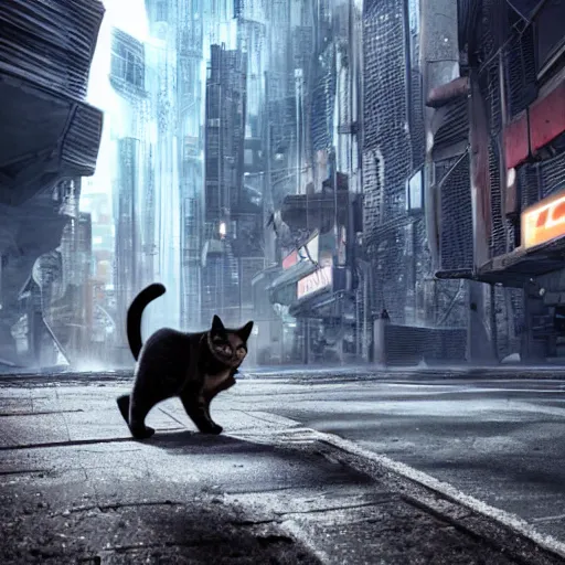 Prompt: photo of a cat walking through a dystopian futuristic cyberpunk city, highly detailed, high quality, HD, 4k, 8k, Canon 300mm, professional photographer, 40mp, lifelike, top-rated, award winning