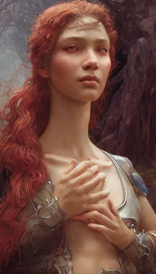 Image similar to epic masterpiece portrait spiritual, sweaty skin, hyperrealistic, octane render, cinematic, beautiful face and flawless skin, perfect hands, 5 fingers, ruby, by Edgar Maxence and Ross Tran and Michael Whelan, Legends of Runeterra