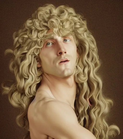 Image similar to clean cel shaded art of the greek God Apollo, long fluffy curly blond hair, light platinum long blond hair, Alexandre Cabanel, norman rockwell, peter paul rubens, maler collier, frank frazetta, alphonse mucha, gustav klimt 4k, unreal 5, DAZ, french noveau, trending on artstation, octane render, hyperrealistic