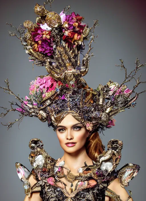 Image similar to full body environmental portrait photo of a miss universe in creative costume, ornate headpiece made from flowers, ornaments, glamour shot by lindsay adler and stefan gesell, photorealistic, canon r 3, fashion photography, hyper maximalist, sharp focus, ornate, elegant, luxury and elite, symmetrical features, octane render, unreal engine, solid dark grey background, dramatic lights
