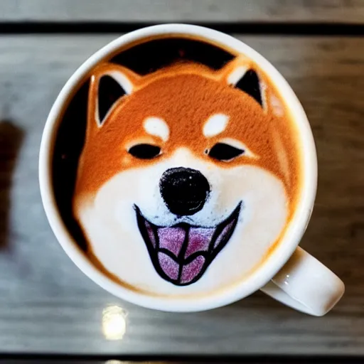 Image similar to A photo of a cup of coffee with latte art in the shape of a shiba inu