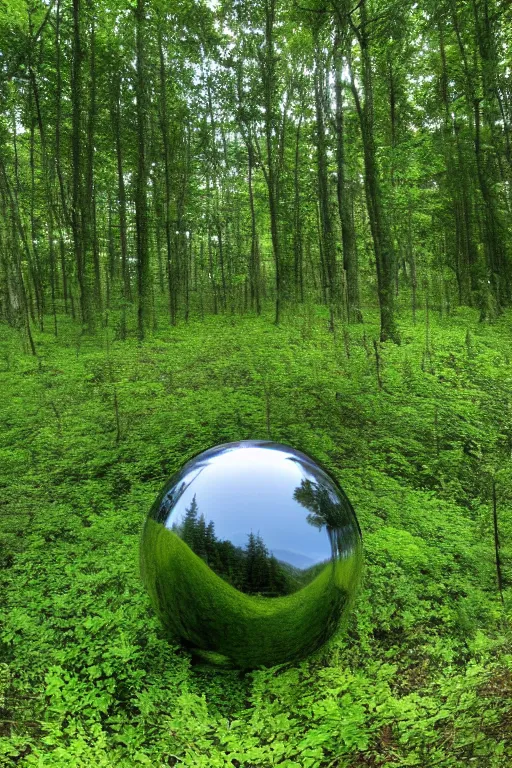 Image similar to a mirror sphere sitting in a lush forest