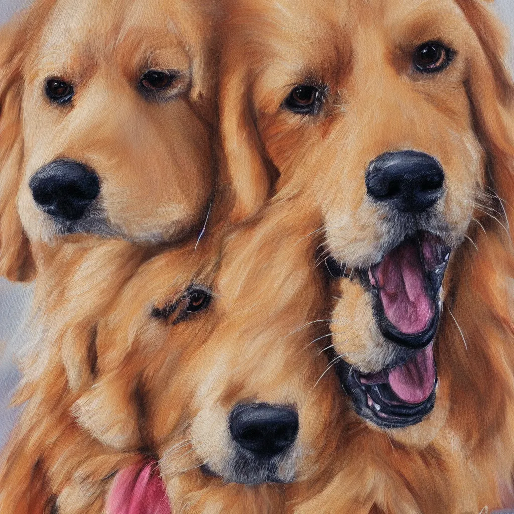 Image similar to A painting of a single happy golden retriever dog with detailed fur, portrait