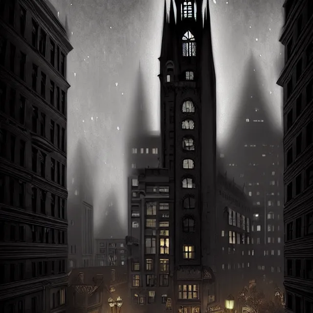 Prompt: epic professional digital art of a haunted 10 story neo-gothic hotel in downtown 1920s Boston overlooking a dark street, best on artstation, cgsociety, wlop, Behance, pixiv, astonishing, impressive, cosmic, outstanding epic, stunning, gorgeous, much detail, much wow, masterpiece.