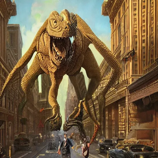 Image similar to reptilian beast walks through the center of a city, extremely detailed oil painting, 1 9 2 0's colored pencil, highly detailed, highly accurate, deep aesthetic, 8 k, highly ornate intricate details, cinematic lighting, rich colors, beautiful scenic view, ray tracing, hyperrealistic, photorealistic, cinematic landscape, trending on artstation, concept art,