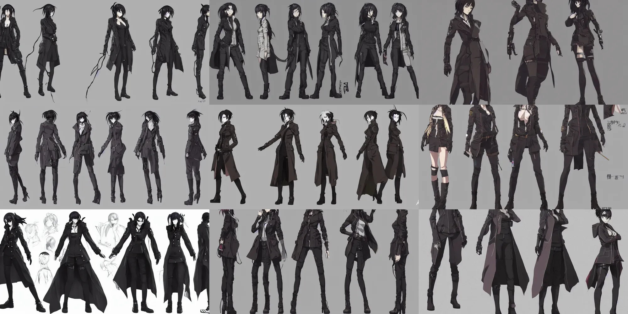 Prompt: detailed full body anime cyberpunk detective wearing trench coat female character concepts by senior concept artist, in the anime series ergo proxy, settei, featured on artstation, anime aesthetic