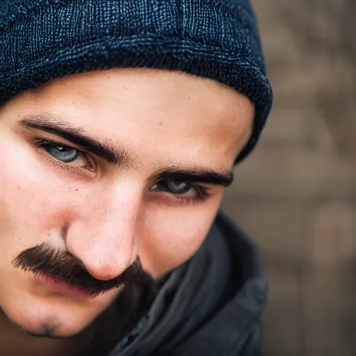 Image similar to a portrait of a 19 year old italian man. he has a mustache, and a beanie on.