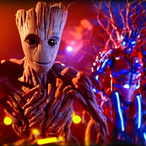 Image similar to groot and optimus prime dancing at techno party among people, wide shoot, after effect, ultra realistic 3 d