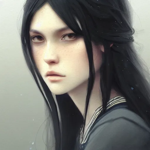 Image similar to a beautiful young woman with long black hair, forest background, sharp focus, intricate, digital painting, artstation, highly detailed, ambient lighting, illustration, art by Studio Ghibli and Greg Rutkowski