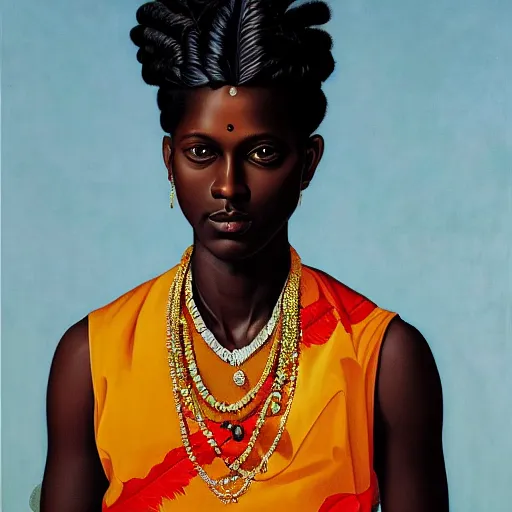 Image similar to A portrait of a slender stylish and attractive non-binary person, dark skin tone, Indian, oil painting by Kehinde Wiley, majestic, detailed, high resolution