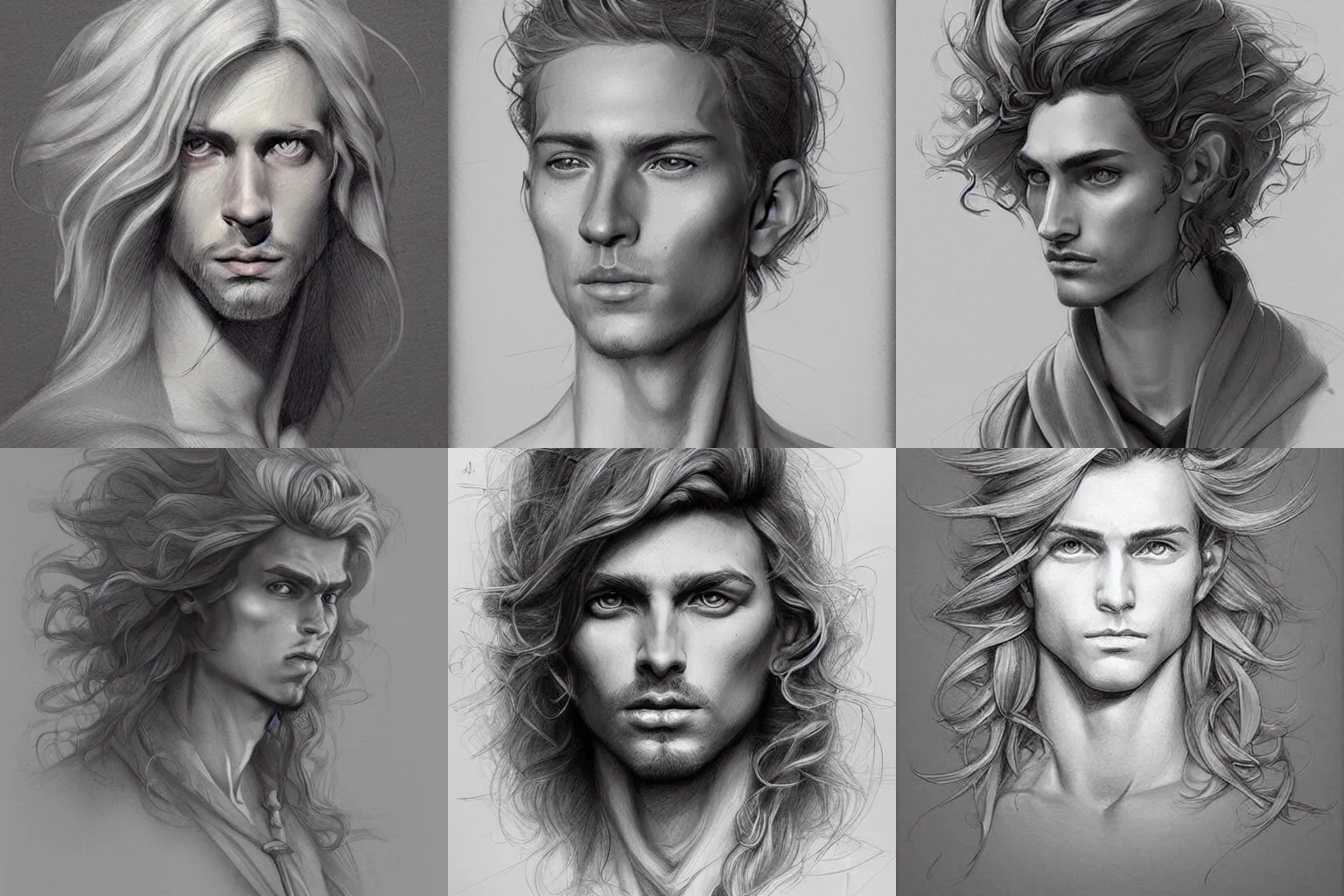 Prompt: a beautiful hyperrealistic portrait pencil sketch from a picture, of a pale androgynous prince with stoic attitude by Peter Mohrbacher,technical drawing, long fluffy blond curly hair, blueprint diagram, trending on artstation.