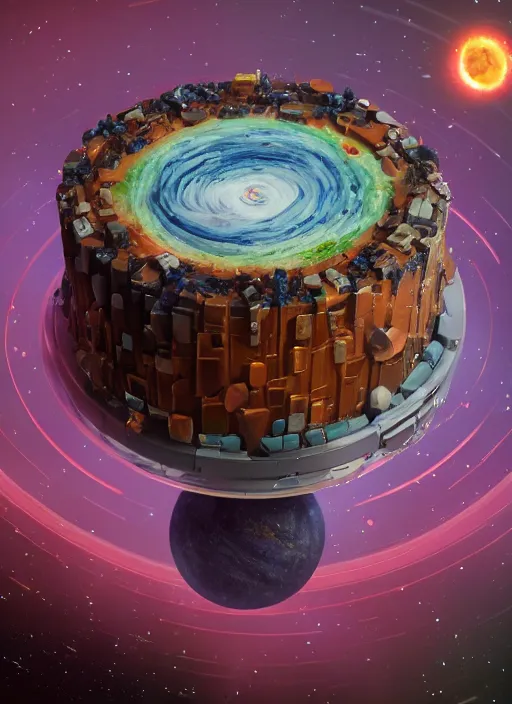 Image similar to a space cake with all planets and black hole on it, au naturel, hyper detailed, digital art, trending in artstation, cinematic lighting, studio quality, smooth render, unreal engine 5 rendered, octane rendered, art style by pixar dreamworks warner bros disney riot games.