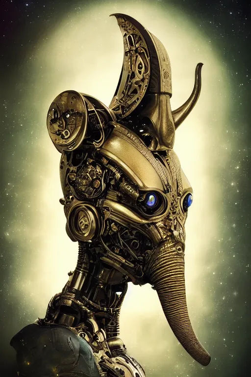 Prompt: a beautiful ultradetailed fine art photo of a futuristic cybernetic cyborg elephant head against galactic space, by tom bagshaw and natalie shau, portrait, 3 5 mm lens, golden ratio composition, detailed face, studio photography, very detailed, deep depth of field, humanoids, industrial robotic cats, artstation, 8 k, highly coherent