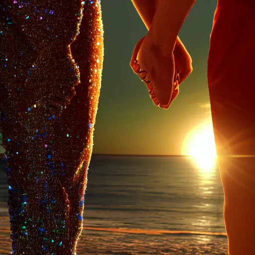 Image similar to a male and a female angels holding hands, seen from the back on a beach made of shiny crystals, at sunset, highly detailed digital art, trending on artstation