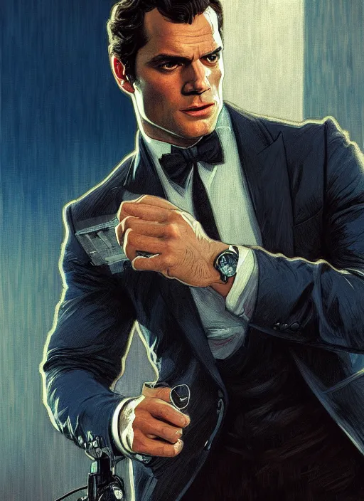 Image similar to portrait of henry cavill as james bond, casino, key art, falling, cold tone, highly detailed, digital painting, artstation, concept art, cinematic lighting, sharp focus, illustration, by gaston bussiere alphonse mucha