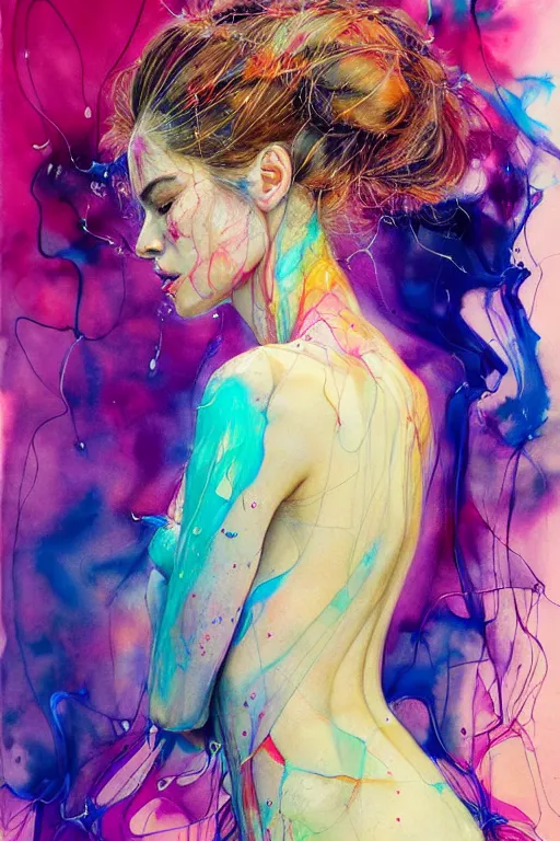 Image similar to sophia vergara by agnes cecile enki bilal moebius, intricated details, 3 / 4 back view, hair styled in a bun, bendover posture, full body portrait, extremely luminous bright design, pastel colours, drips, autumn lights