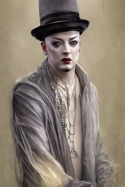 Image similar to portrait of boy george as dream of the endless, the sandman, grey clothes, in persian temple wet night, sci - fi and fantasy, intricate and very very beautiful and elegant, highly detailed, digital painting, artstation, concept art, smooth and sharp focus, illustration, art by tian zi and wlop and alphonse mucha