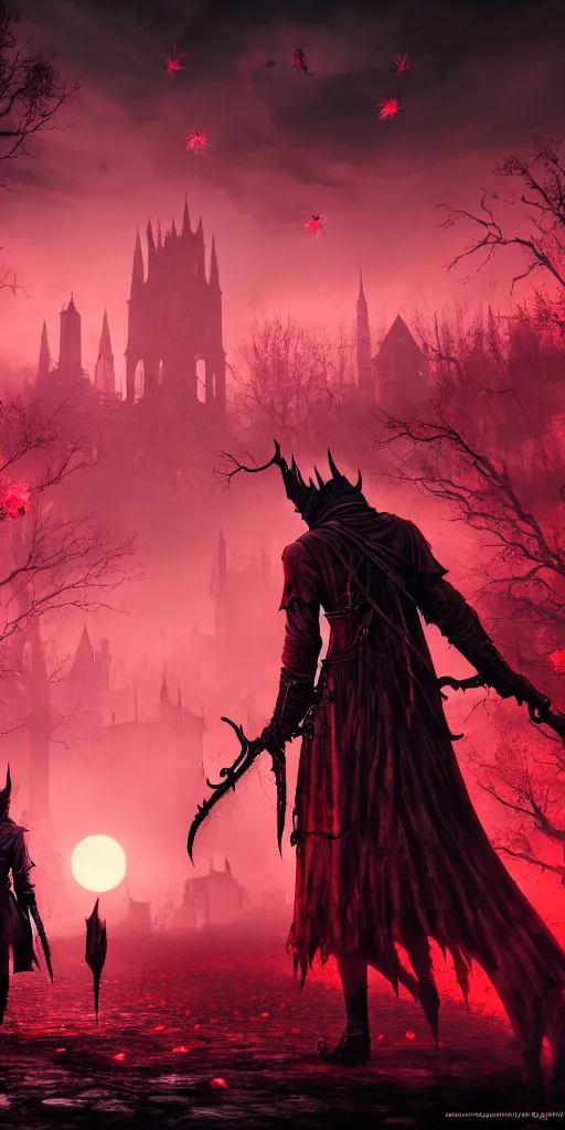 Image similar to populated bloodborne old valley with a obscure person at the centre and a ruined gothic city in the background, trees and stars in the background, falling red petals, epic red - orange moonlight, perfect lightning, wallpaper illustration by niko delort and kentaro miura, 4 k, ultra realistic