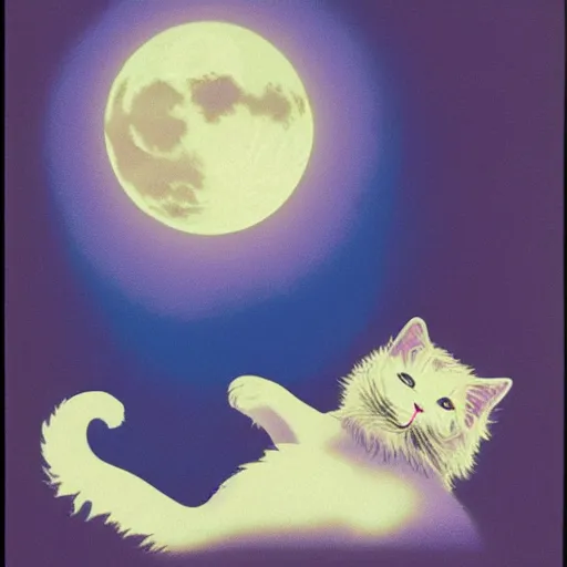 Image similar to 1980s tshirt art of a man's face and a white fluffy cat's face howling at the moon. shades of blue and violet. high quality high resolution award winning. sorrowful.