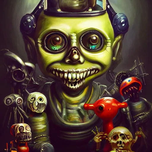 Image similar to beautiful painting of the king of forgotten toys with a creepy smile, surrounded by nightmarish broken toys in the style of Welder Wings and H. R. Giger. Dark background, detailed, trending on Artstation