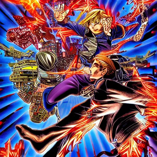 Prompt: chip and pin trip, manga comic book cover, action, explosions, by alex grey