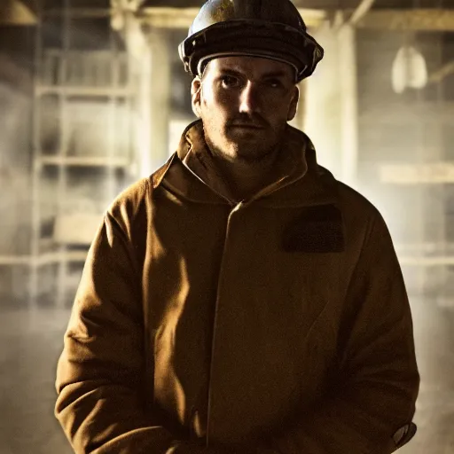 Image similar to a dramatic portrait of worker from europe, cinematic lighting