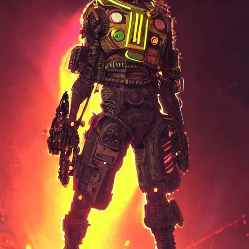 Prompt: a dark and ominous cyborg african child soldier with glowing eyes and neon facial warpaint, neon graffiti, Apex Legends character digital illustration portrait design, by android jones and greg rutkowski in a cyberpunk voodoo style, retrowave color scheme, detailed, cinematic lighting, wide angle action dynamic portrait
